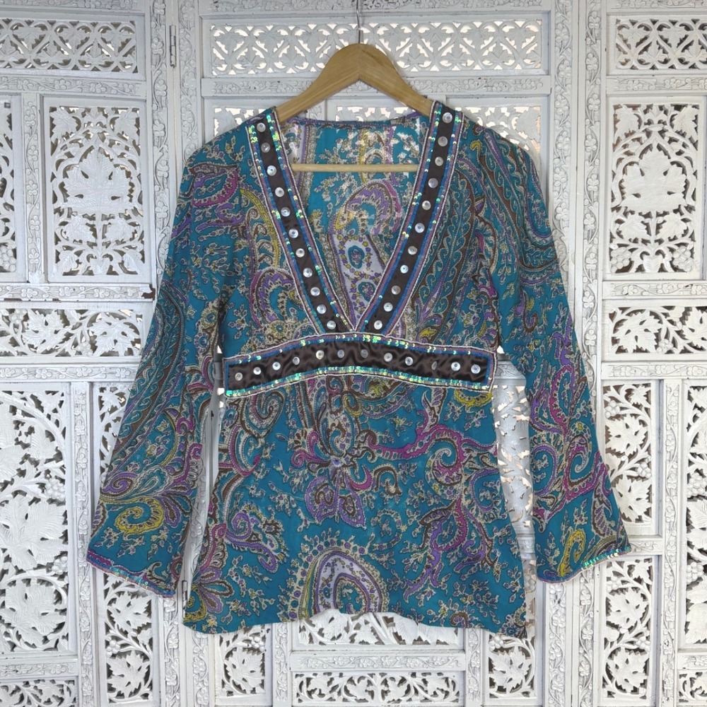 Sheer Paisley Floral Babydoll Blouse Sz XXS/XS Y2K Quarter Sleeve Fairy Core